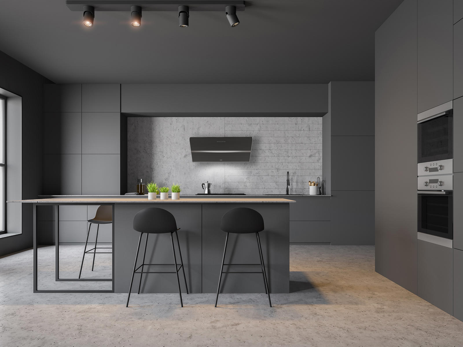 Berbel afzuigkap aan de wand van een grijze keuken met kookeiland, barkrukken en betonvloer