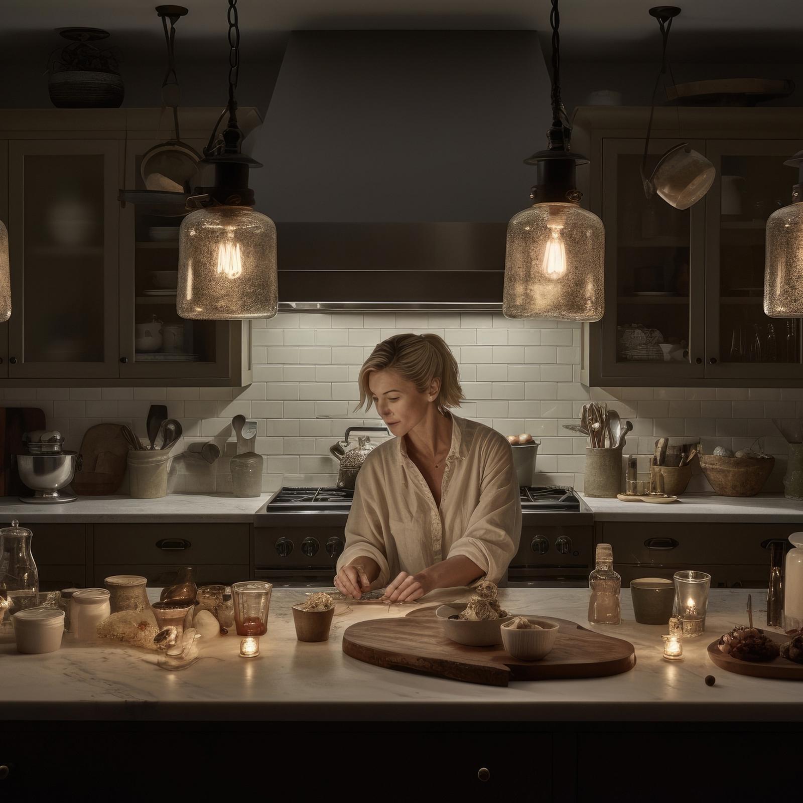 Vrouw bereidt eten aan een kookeiland onder warm licht van glazen hanglampen in een avondlijke keuken