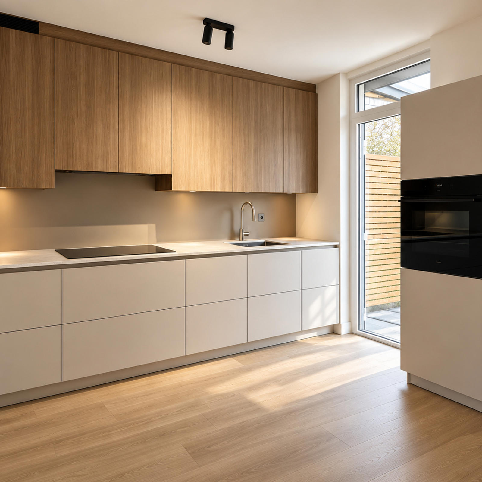 Nieuwe keuken in Amby: rechte keukenwand met eiken bovenkasten, greeploze lichtgrijze onderkasten en spotjes aan het plafond