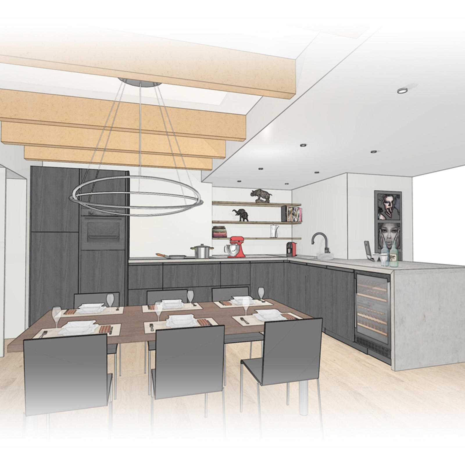 Ontwerpschets van een donkere hoekkeuken met kookeiland, eettafel en ronde hanglamp in de ruimte