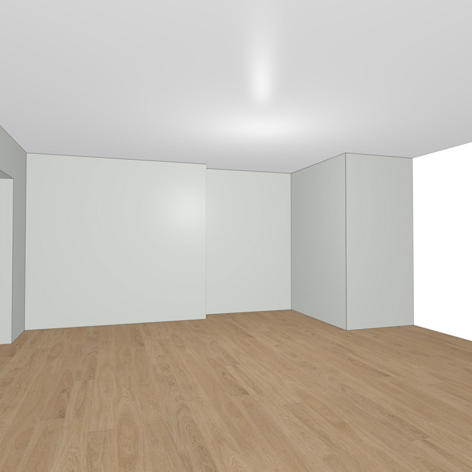 3D-schets van een lege ruimte met houten vloer als vertrekpunt van het keukenontwerp